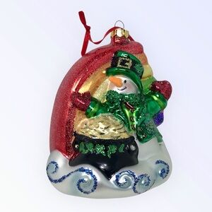 Holiday Snowman Christmas Ornament Glass Irish Theme Rainbow & Pot of Gold